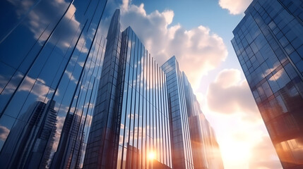 Canvas Print - Glass skyscrapers reflecting sunset and clouds.