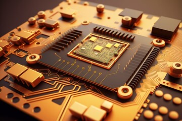 Gold circuit board with a central processing unit.