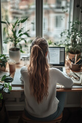 Wall Mural - young woman working on laptop in home office with a nice workspace with houseplants and window