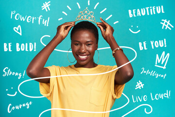 Black woman, portrait and pride with crown, confidence or aesthetic in studio background for birthday. African, female person and celebration with tiara, joy and empowerment with happiness or winning