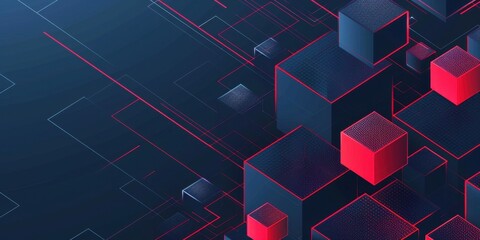 Poster - Blue and red background with geometric shapes red lines on a dark blue background an isometric cube in the right corner in the style of red lines Generative AI