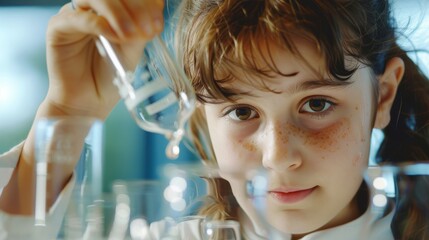 Poster - Young girl pouring liquid into beaker in chemistry class