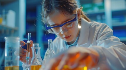 Young scientist pouring chemicals in school lab