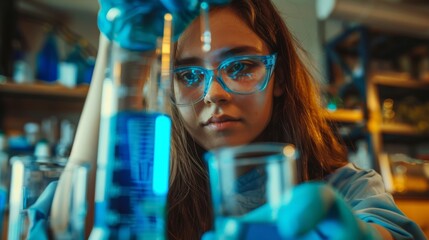 Poster - Girl carefully measuring liquid for chemistry project