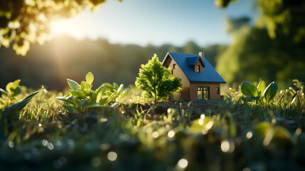 Sticker - Miniature house in a green field with a tree and sunset.