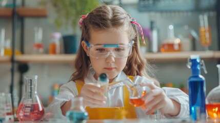 Poster - Curious girl pouring liquid in laboratory setting