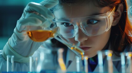 Poster - Curious girl pouring liquid in laboratory setting