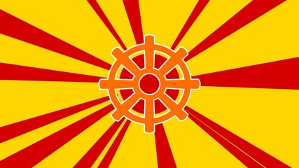 Poster - Wheel symbol on the background of animation from moving rays of the sun. Large orange symbol increases slightly. Seamless looped 4k animation on yellow background