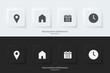 © S and V Design - Appointment sign. A set of black and white  square buttons with appointment symbols. Location, address, date and time icon. 3D Neumorphism design style for Websites, Interface, and mobile apps. UI UX.
