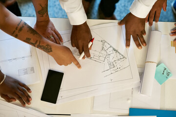 Poster - Hands, architecture design in workshop for blueprint, drawing and structure for building engineering. People, professional and architect for construction, project or property with teamwork or staff