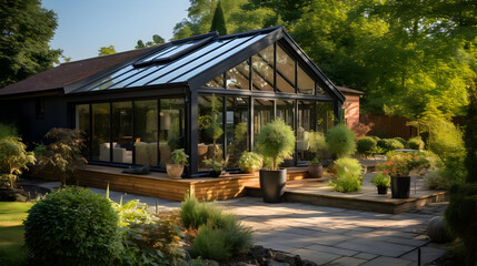 Sticker - Modern black glass conservatory with wooden deck and lush greenery.