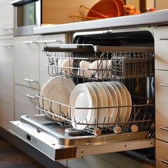 a dishwasher with dishes in it in a kitchen