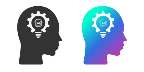 Fototapete - Human face with a light bulb AI icon. Artificial intelligence technology concept design. Technological brain. Flat design symbols Isolated on white background. Vector illustration.