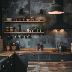 Wall Mural - a kitchen with a wooden counter top and shelves