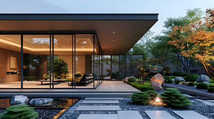 Poster - Modern home with a zen garden featuring a patio with stone pathways and a water feature.