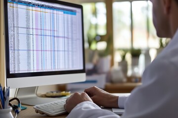 hospital doctor using spreadsheet for billing codes on desktop