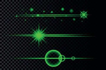 Wall Mural - Shimmering horizontal highlights. Green laser beams. Beautiful light flashes. Glowing stripes on a dark background. Vector illustration