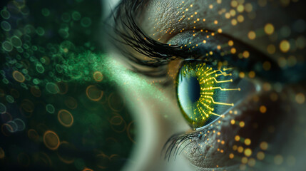 Wall Mural - A close up of a person's eye with a green iris and yellow lines