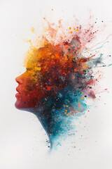 Wall Mural - A woman's face is painted with a colorful explosion of paint