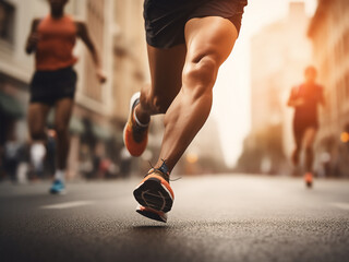 Wall Mural - Marathon runners legs moving on a city road