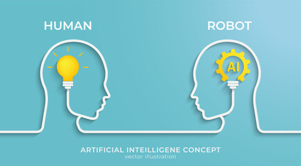 Poster - Human and robot concept. Human head with bulb and AI symbols. Artificial intelligence technology concept design, Business concept vector illustration.