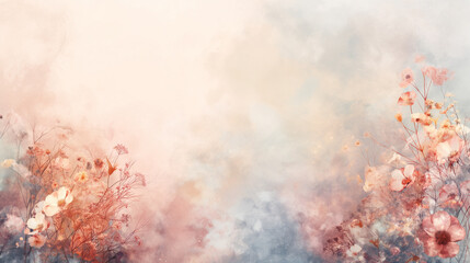 Wall Mural - A painting of a field of flowers with a blue sky in the background