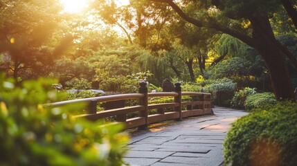 Canvas Print - a wooden bridge over a stone walkway in a park