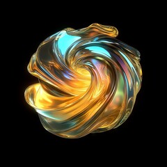 Wall Mural - Radiant golden swirling abstract shape with metallic reflections on black background, futuristic design, 3d shape for design