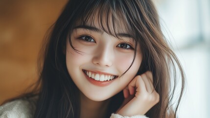 Wall Mural - Young Woman Smiling Brightly While Sitting Indoors in Natural Light