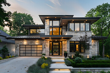 Poster - Modern stone house with a glass garage door and a lush green lawn.