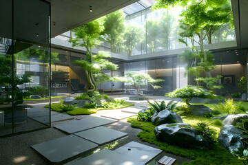 Sticker - Modern zen garden courtyard with lush greenery and stone pathways.