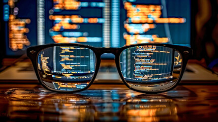 concept image of software development: glasses reflecting computer screen with lines of programming 