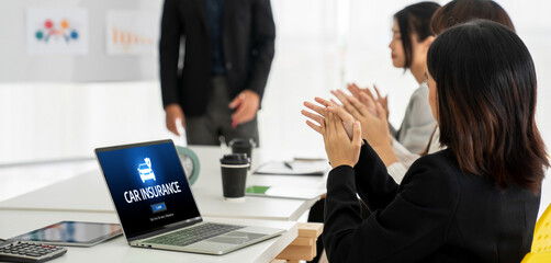 Poster - car insurance online website on computer screen for insure your car damage snugly