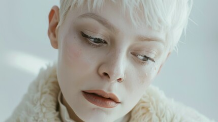 Wall Mural - Albino woman with short white hair, confident look, subtle makeup, soft lighting