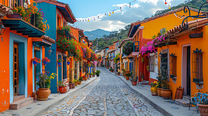 Charming mexican village with traditional houses, cobblestone streets, and vibrant flower decorations