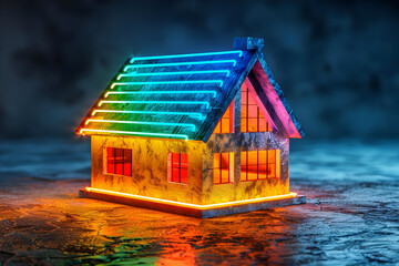 Wall Mural - Small house with neon lights on roof and windows.