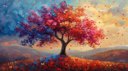 Wall Mural - A painting of a tree with pink, blue, and purple leaves