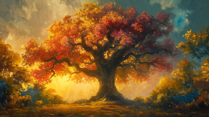 Wall Mural - A painting of a large tree with red leaves and a blue sky