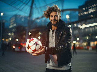 Athlete engaging in soccer at a stadium in a contemporary urban area