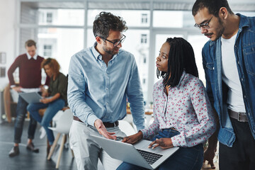 Poster - Employees, teamwork and laptop for training in office, manager helping and internship advice. Staff, public relations agency and review discussion on press release, report and publicity coverage