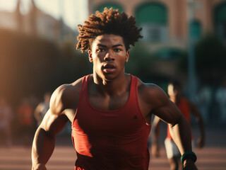 Wall Mural - African American man running on the stadium track, training as a young sprinter