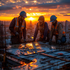 Wall Mural - Three construction workers on a rooftop at sunset, examining wet concrete.