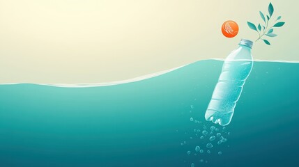 Illustration of a plastic bottle decomposing in the ocean, highlighting the long lasting effects of plastic pollution on marine life.