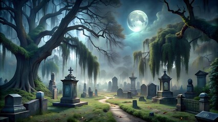 Wall Mural - Eerie Moonlight Illuminates the Weeping Willows in a Silent Cemetery  Generative AI