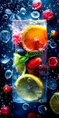 Canvas Print - Fresh citrus and berries in sparkling water. Vibrant lemon and orange slices with strawberries and mint in effervescent bubbles. Perfect for summer refreshment themes. 