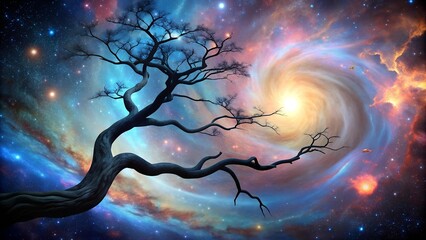 a silhouette of a twisted branch against a swirling nebula ai generated