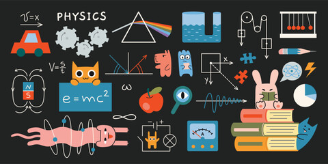 Physics lesson at school. Physics formulas, drawings, equipment for classes and cute characters on black chalkboard. Education and study concept. Trendy modern vector illustration, hand drawn, flat