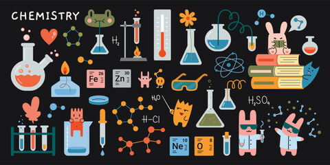 Wall Mural - Chemistry lesson at school. Laboratory equipment, Test tube, chemical lab stuff and cute characters on black chalkboard. Education concept. Trendy modern vector illustration, hand drawn, flat