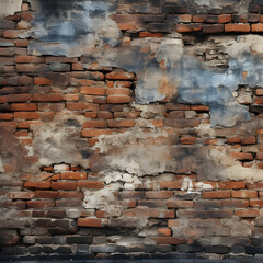 Canvas Print - Weathered brick wall with peeling plaster and exposed bricks.