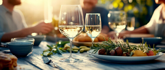 A warm and inviting setting for a meal, featuring elegant wine glasses and a beautifully arranged plate of food.